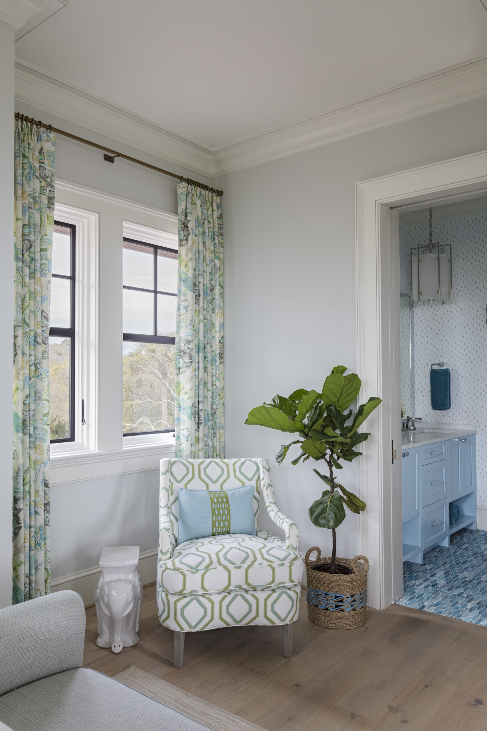 Home tour featuring transitional bedroom in white, green and blue decor, designed by Margaret Donaldson