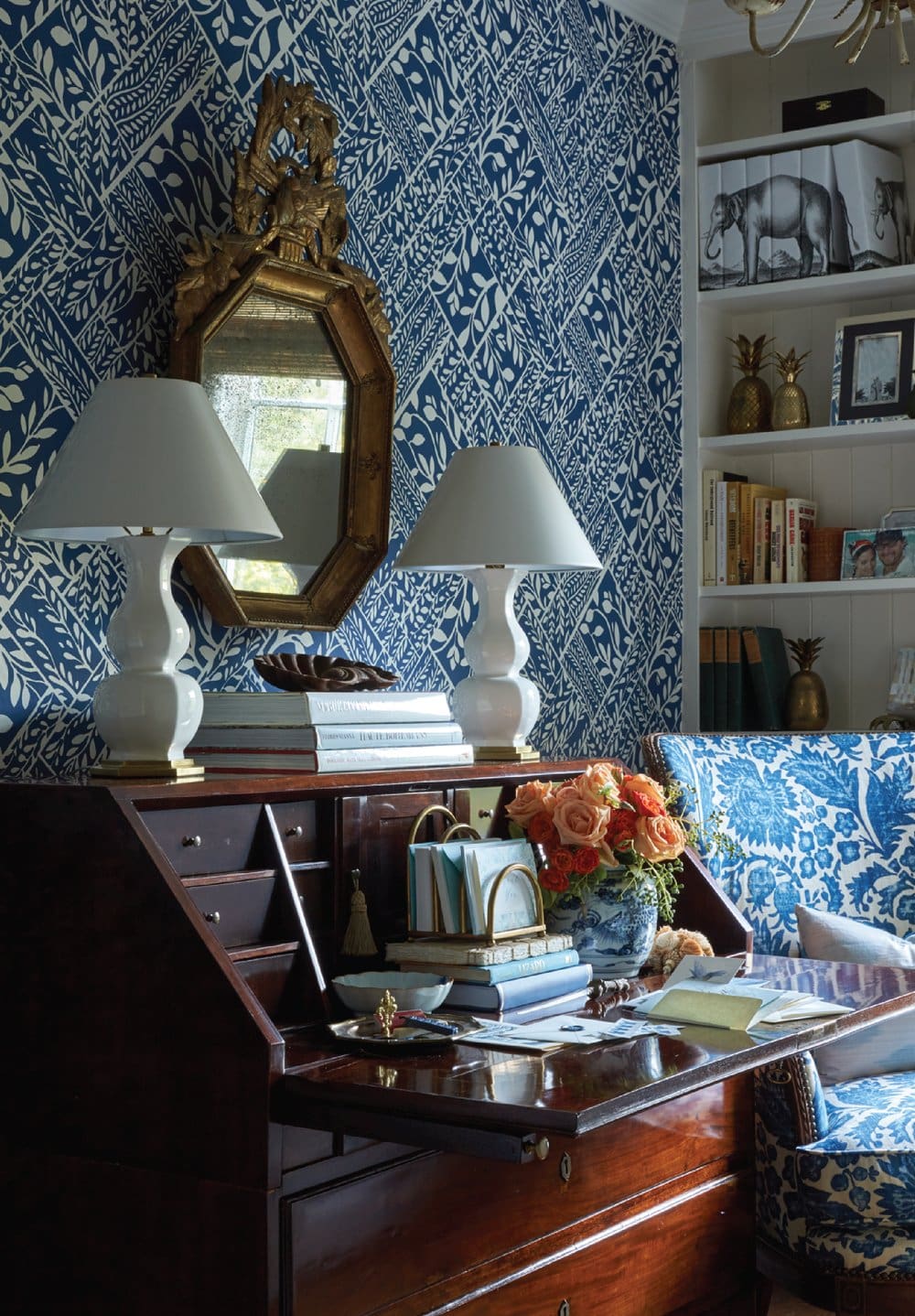 White and blue study room featured in interiors designed by Heather Chadduck