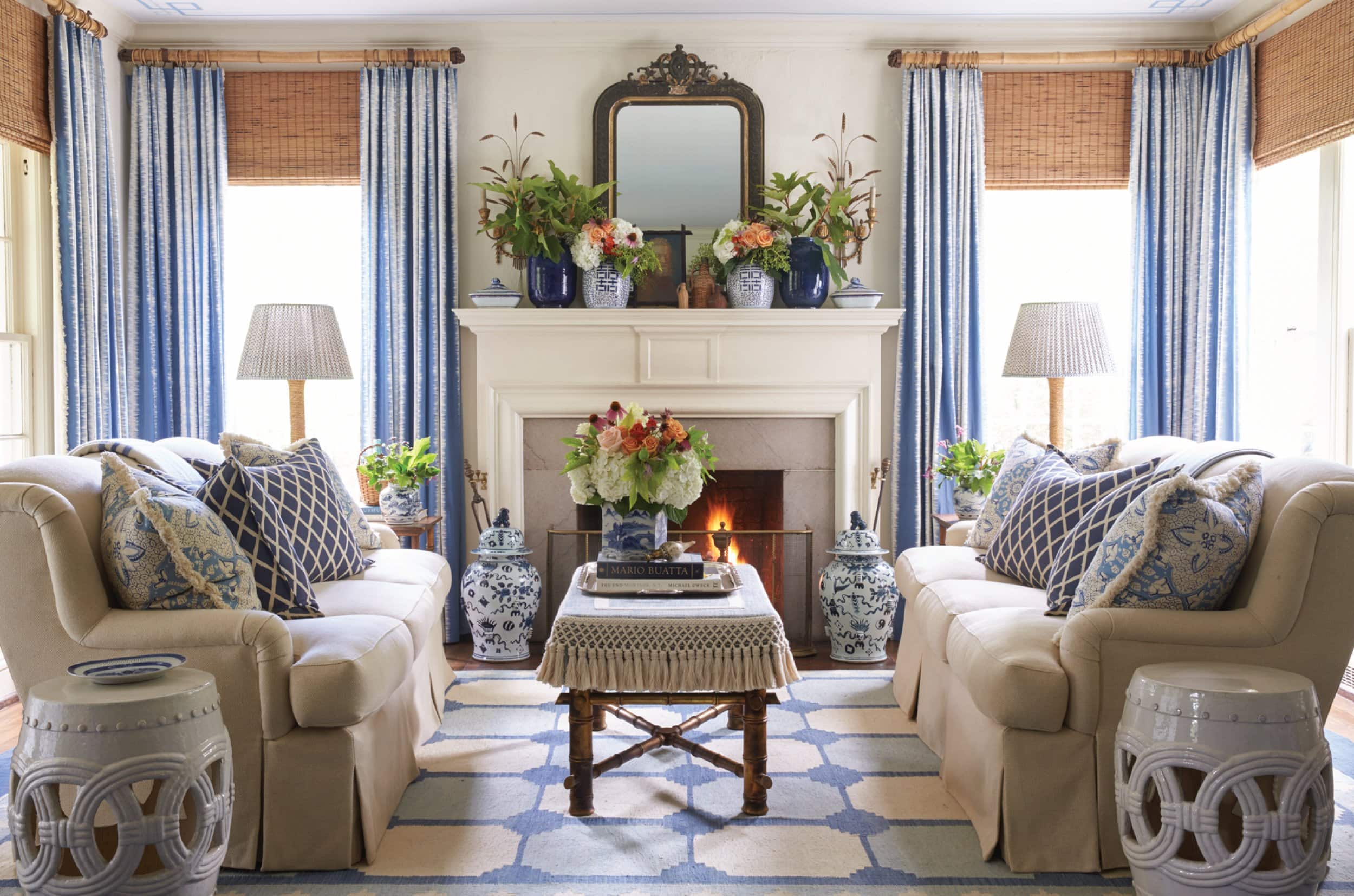 White and blueliving room featured in interiors designed by Heather Chadduck relaxed elegance design