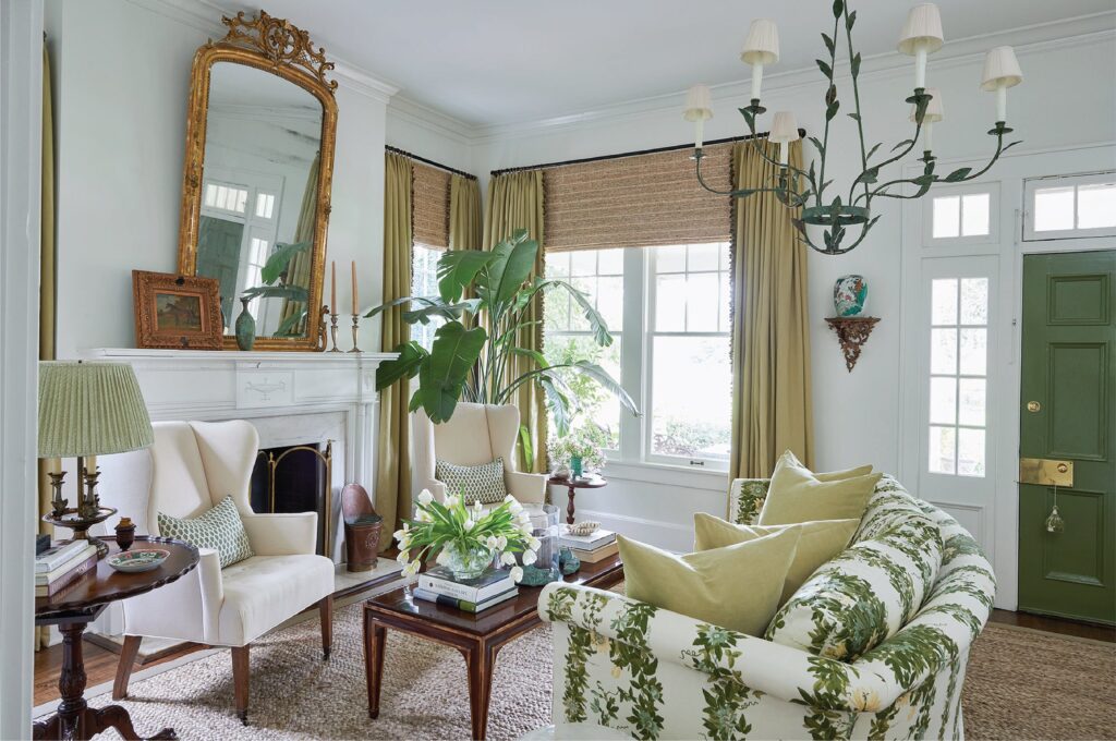 White and green living room featured in interiors designed by Heather Chadduck