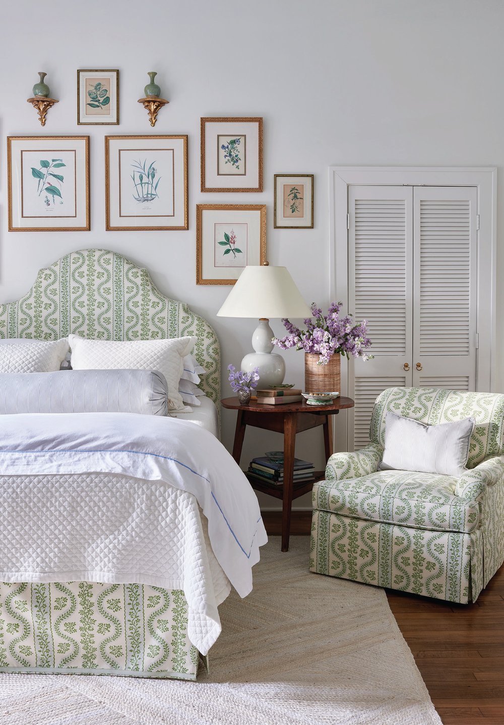 Bedroom in pastel and greens featured in interiors designed by Heather Chadduck