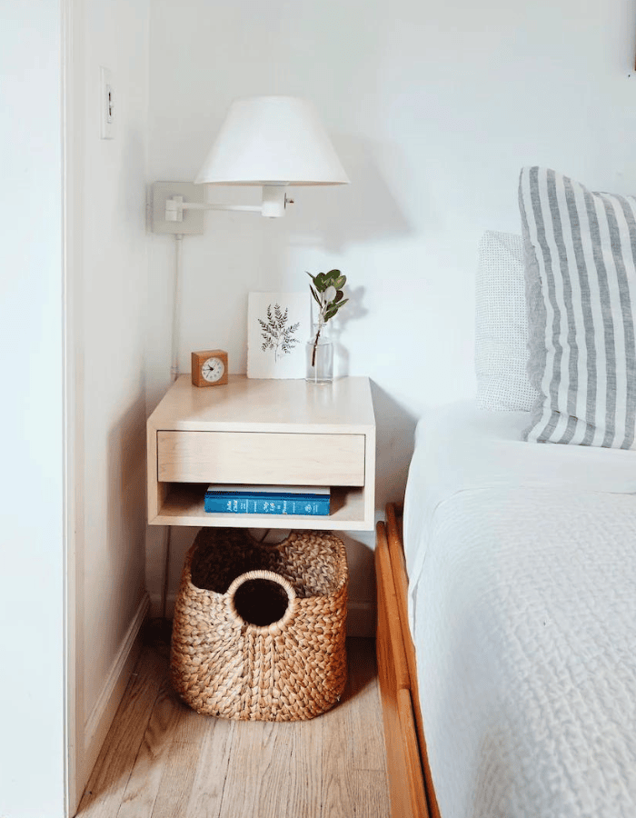 bedroom floating shelf bedside table storage solution