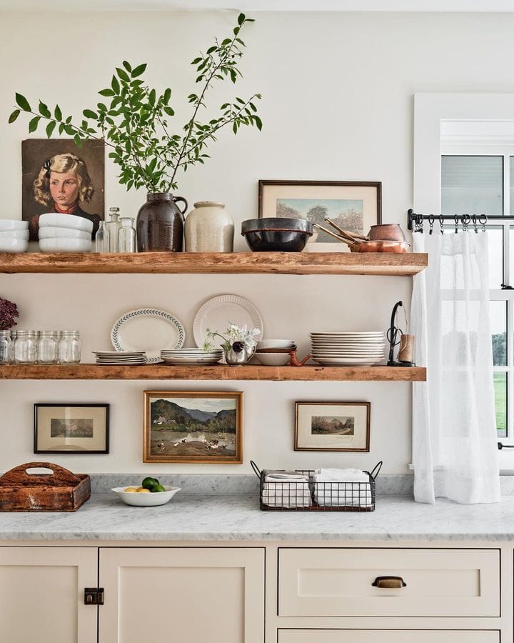 kitchen featuring a shelf shown as example for old and outdated kitchen ideas