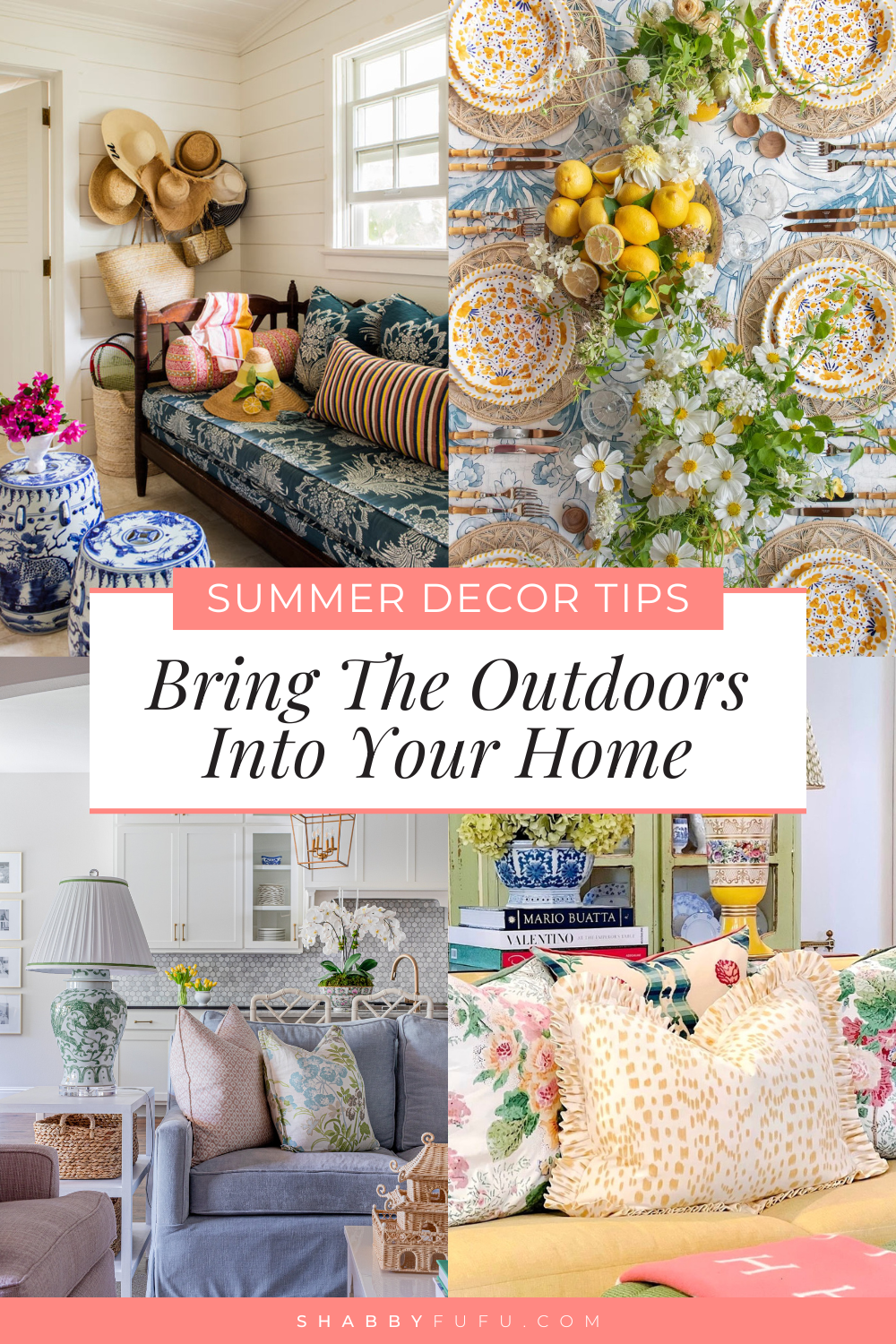 Pinterest decorative graphic featuring a collage of summer decor tips interiors