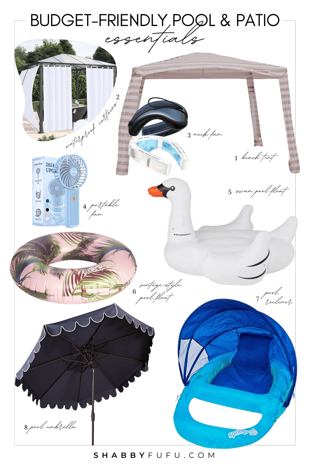 Collage featuring products for summer titled "Budget-friendly pool and patio essentials"