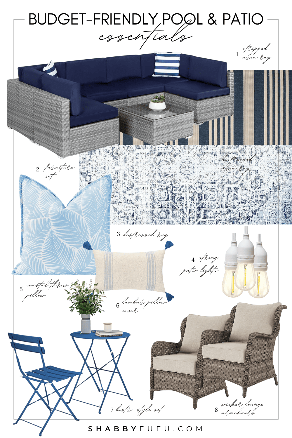 Collage featuring products for summer titled "Budget-friendly pool and patio essentials"