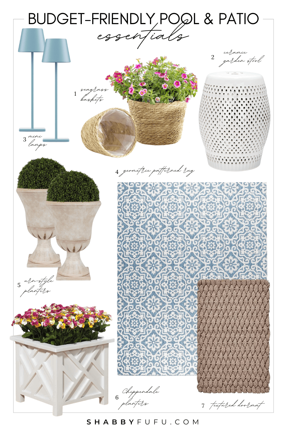 Collage featuring products for summer titled "Budget-friendly pool and patio essentials"
