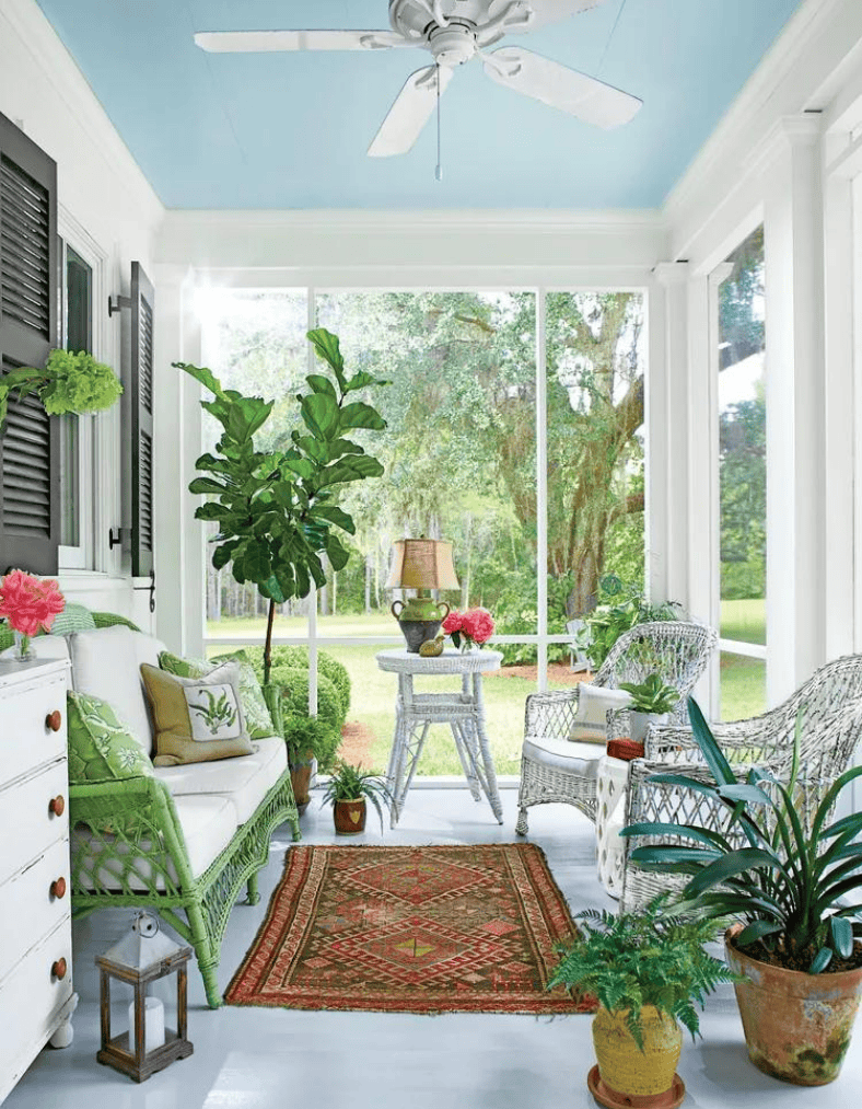 Front porch with light blue floors and ceilings featured in summer decor ideas