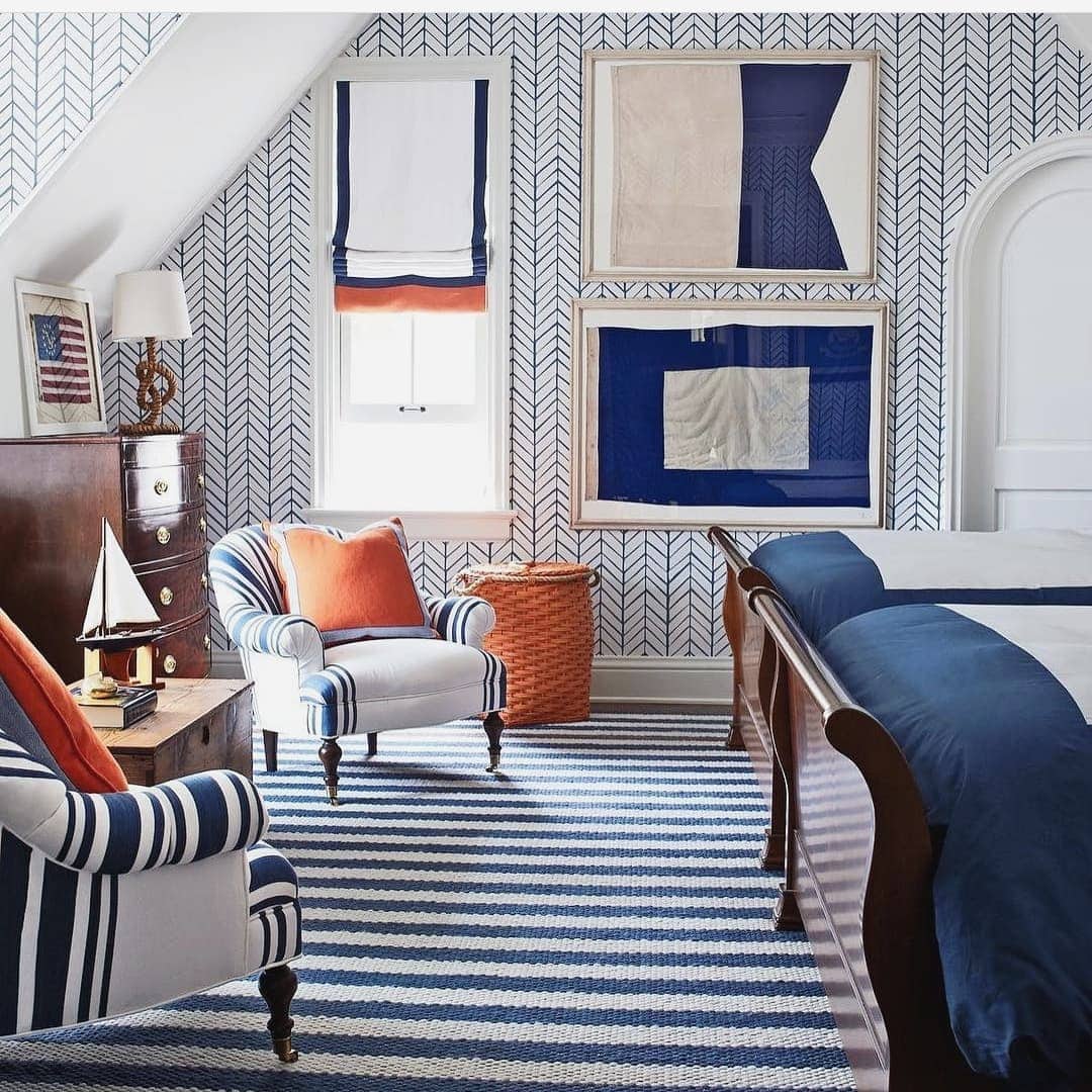 Idea to embrace a nautical theme decor featuring main bedroom with a mismatched stripes