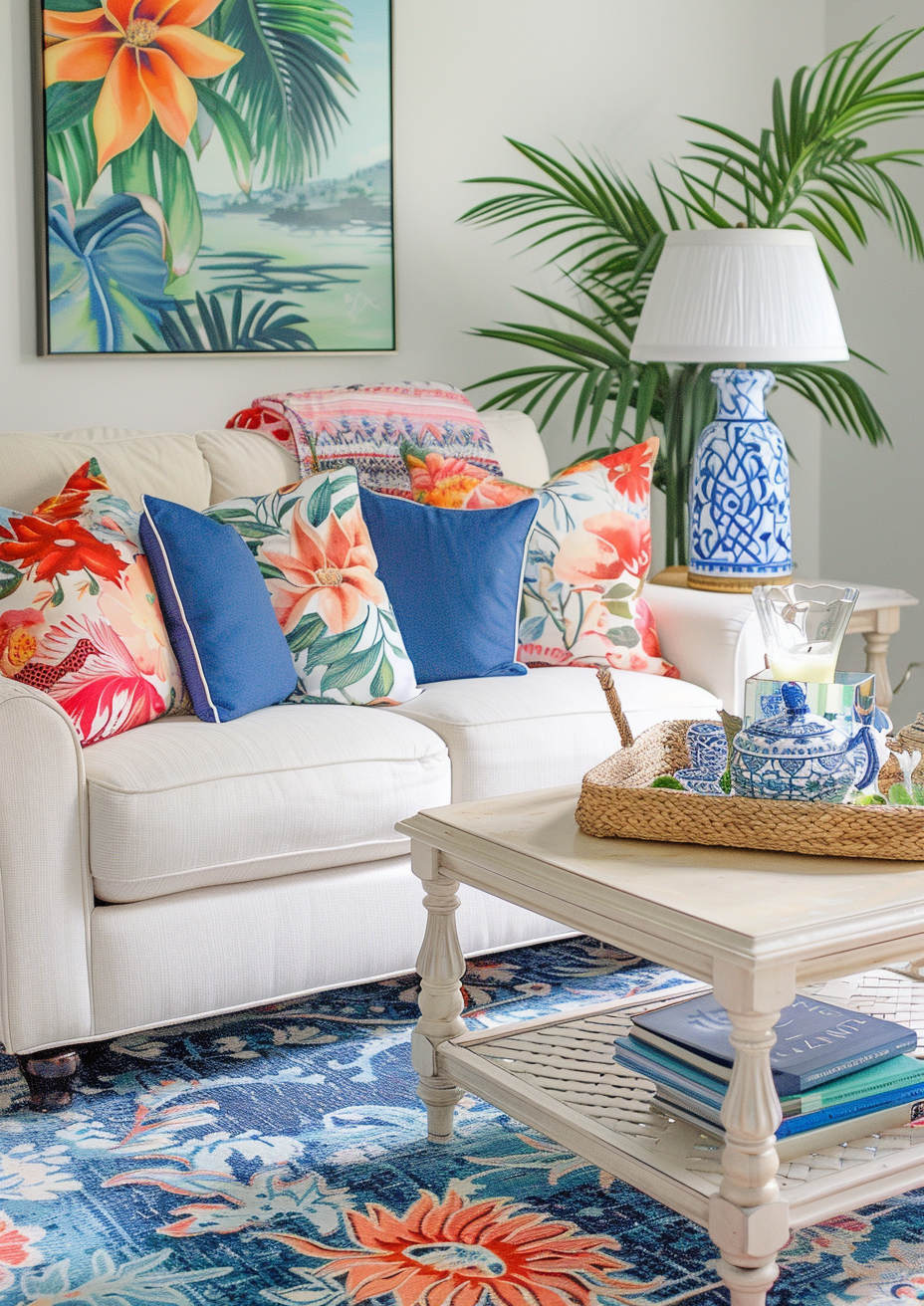 living room featuring tropical decor styled pillows