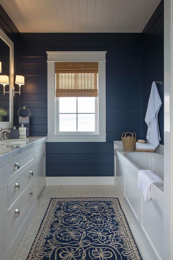 Coastal budget bathroom remodeling ideas featuring blue walls