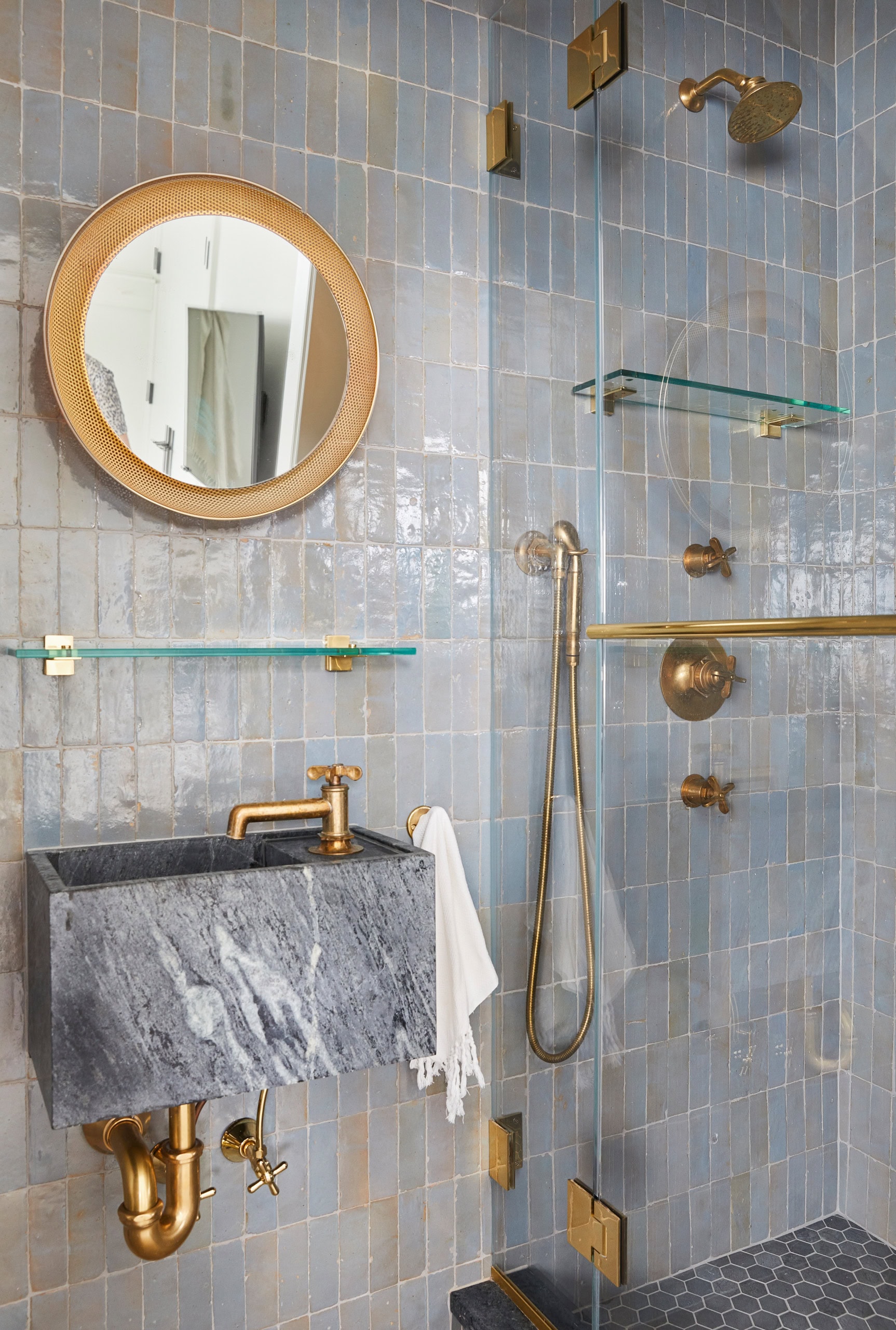 Budget bathroom remodeling ideas featuring blue tiles