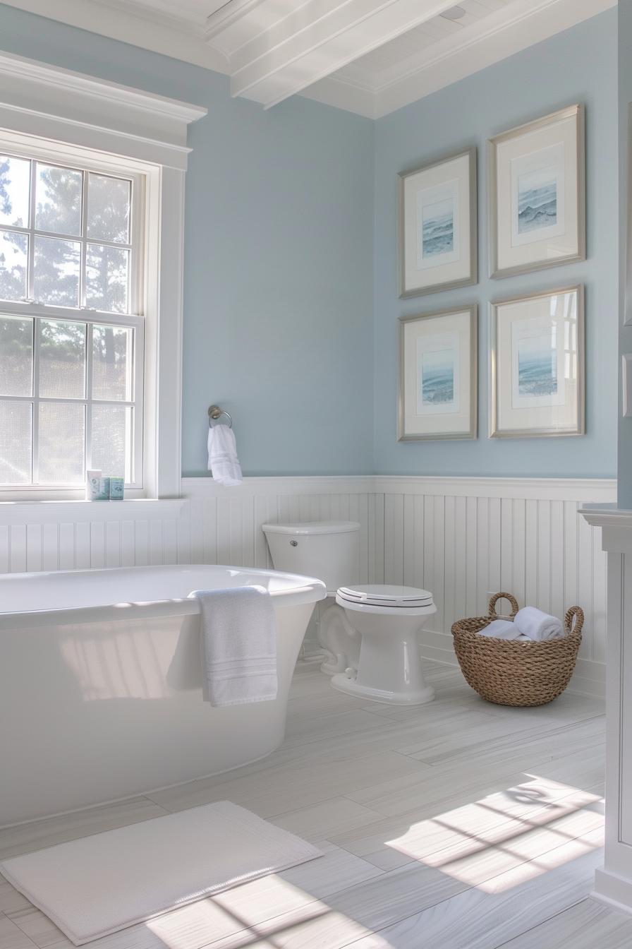 Coastal budget bathroom remodeling ideas featuring blue walls