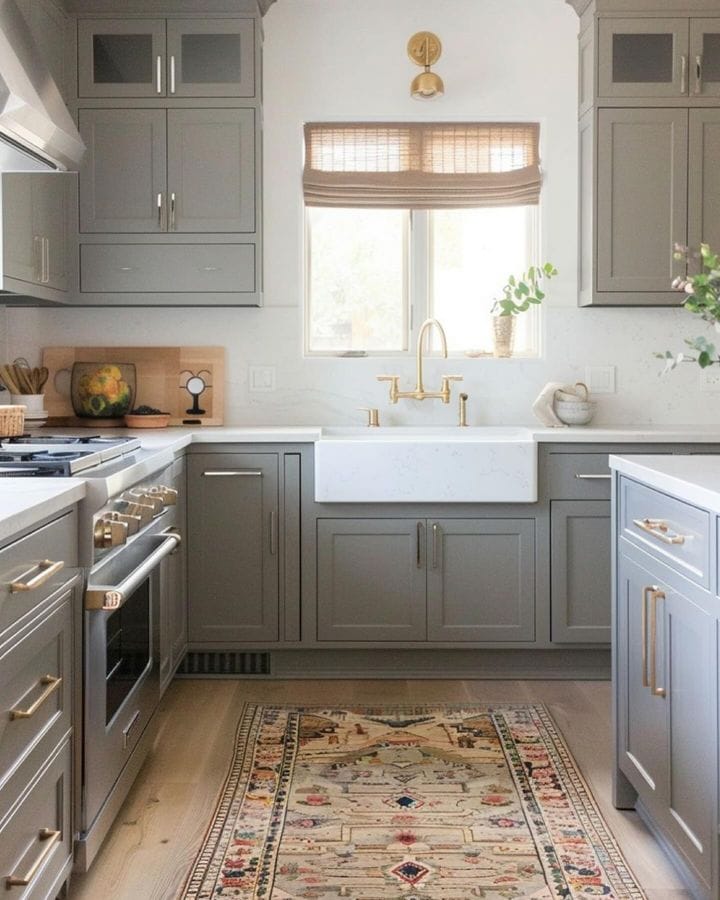 Neutral kitchen cabinet colors example featuring a modern traditional kitchen idea with light blue gray cabinets.
