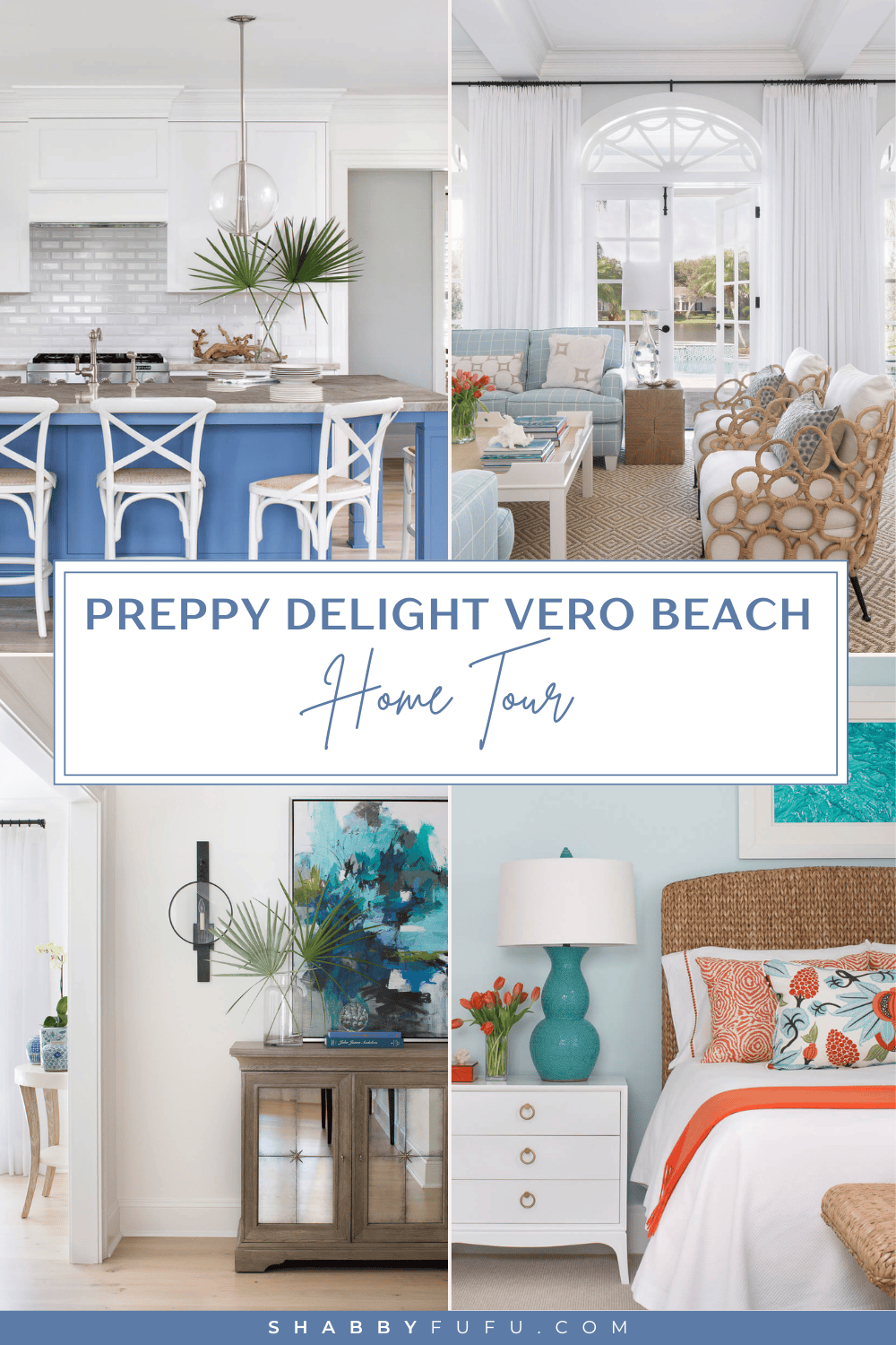 Pinterest Pin featuring a collage of interiors with the title "Preppy Delight Vero Beach Home Tour"