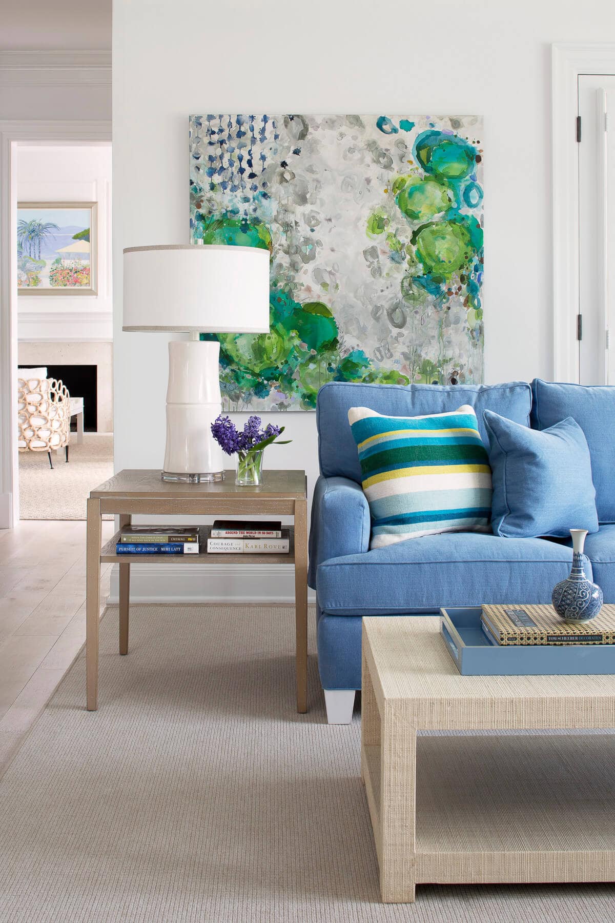 Preppy and coastal beach-style living room featured in John's Island home tour