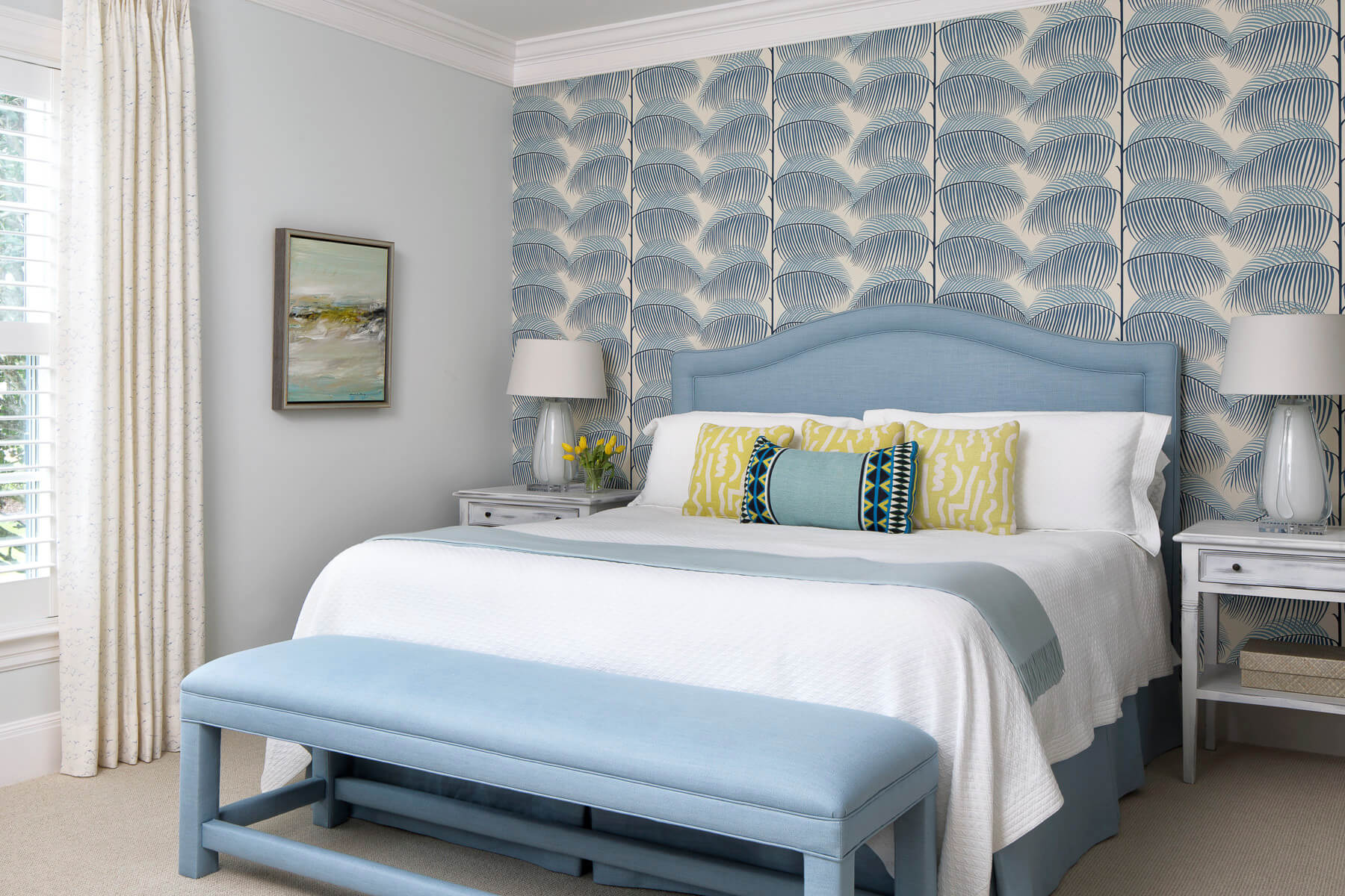 Preppy and coastal beach-style bedroom featured in John's Island home tour