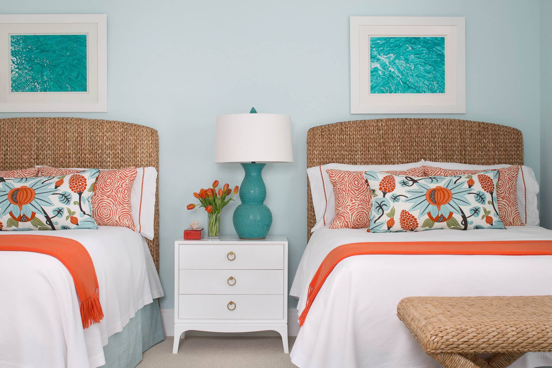 Preppy and coastal beach-style bedroom featured in John's Island home tour