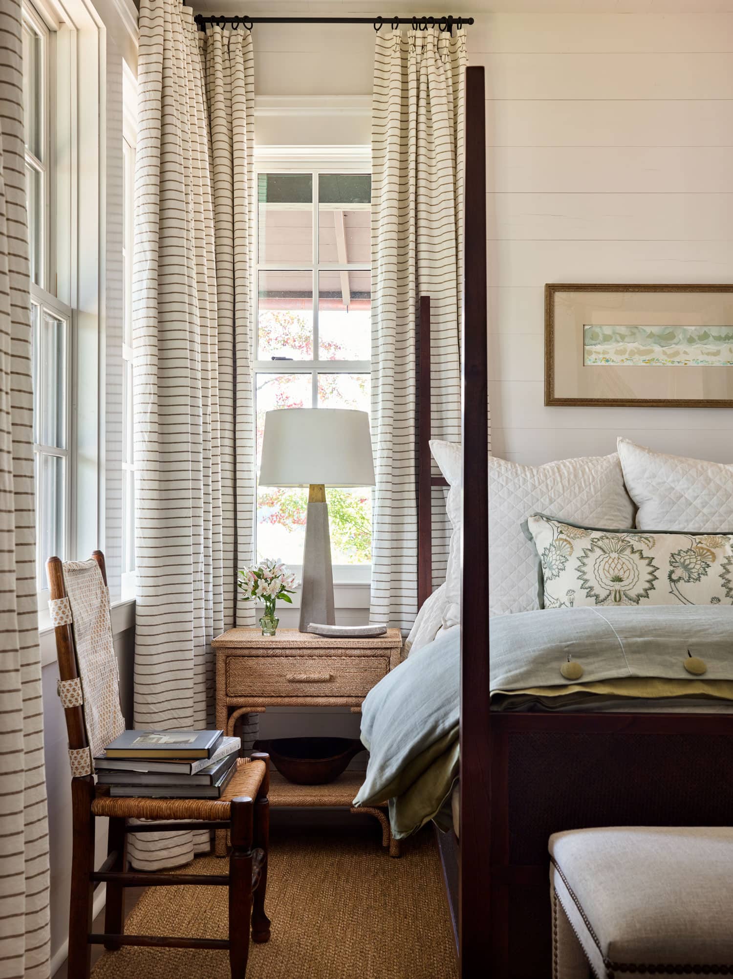 Designer Spotlight about Ashley Gilbreath Interiors Design project featuring a bedroom in a traditional style mixed with coastal and modern home accents.