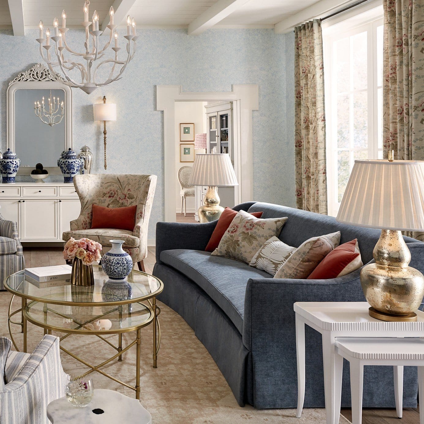 Traditional modern living room in blue and grey as part of focal point tips