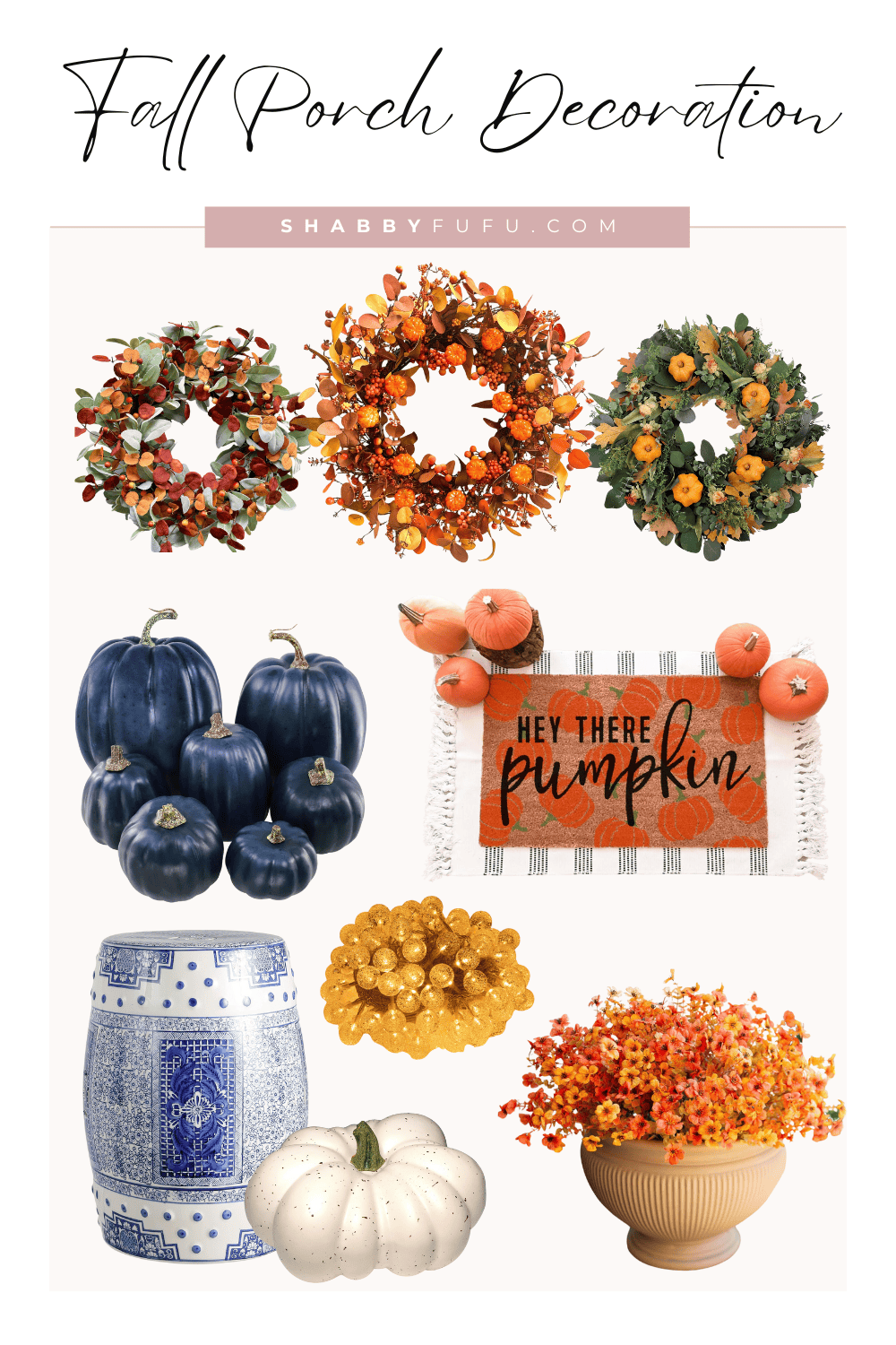 Pinterest collage featuring fall porch decorations