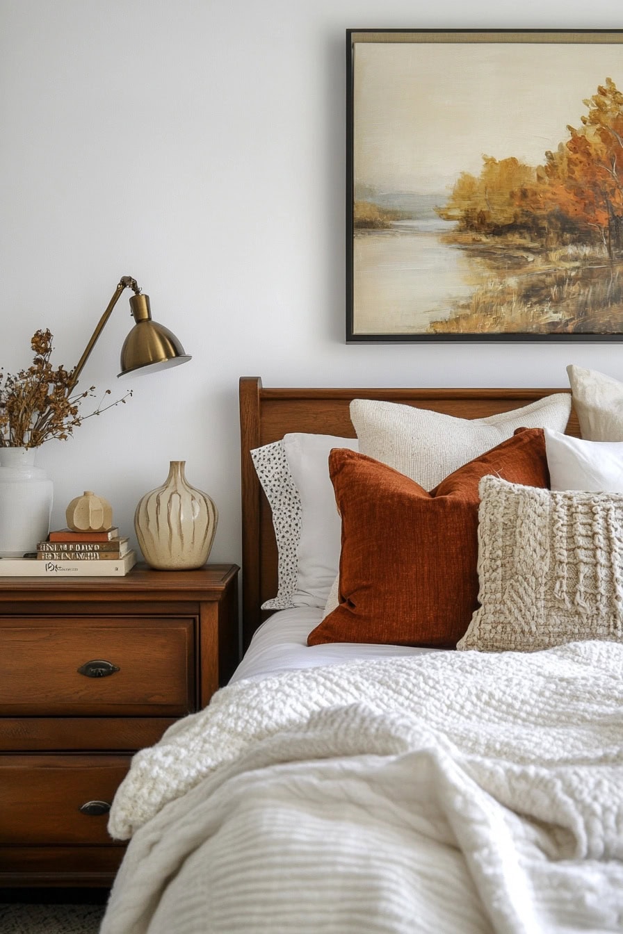 Example of throw pillow combo in traditional-inspired bedroom for fall