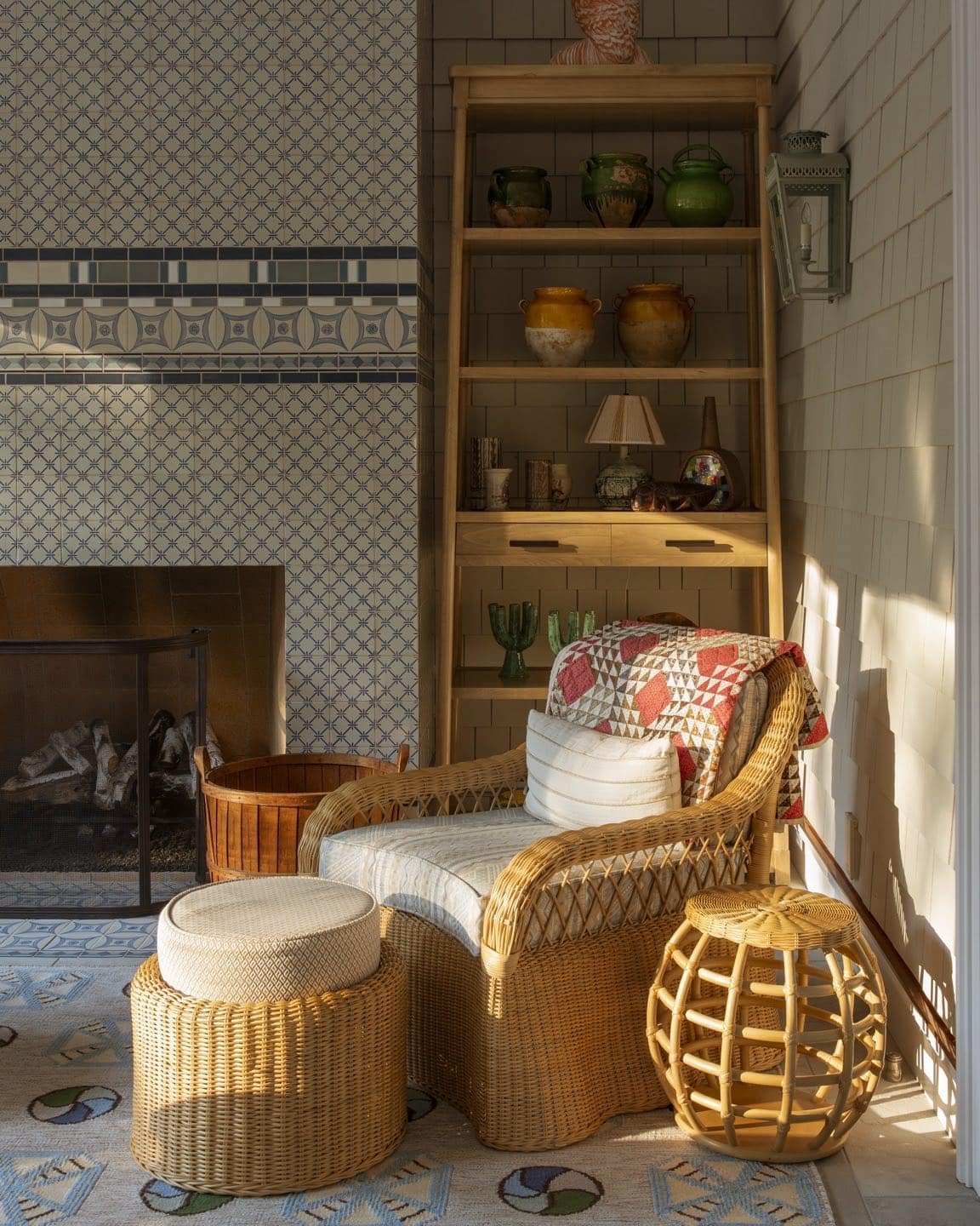 Fall decor for living room idea featuring rattan armchair traditional modern living room