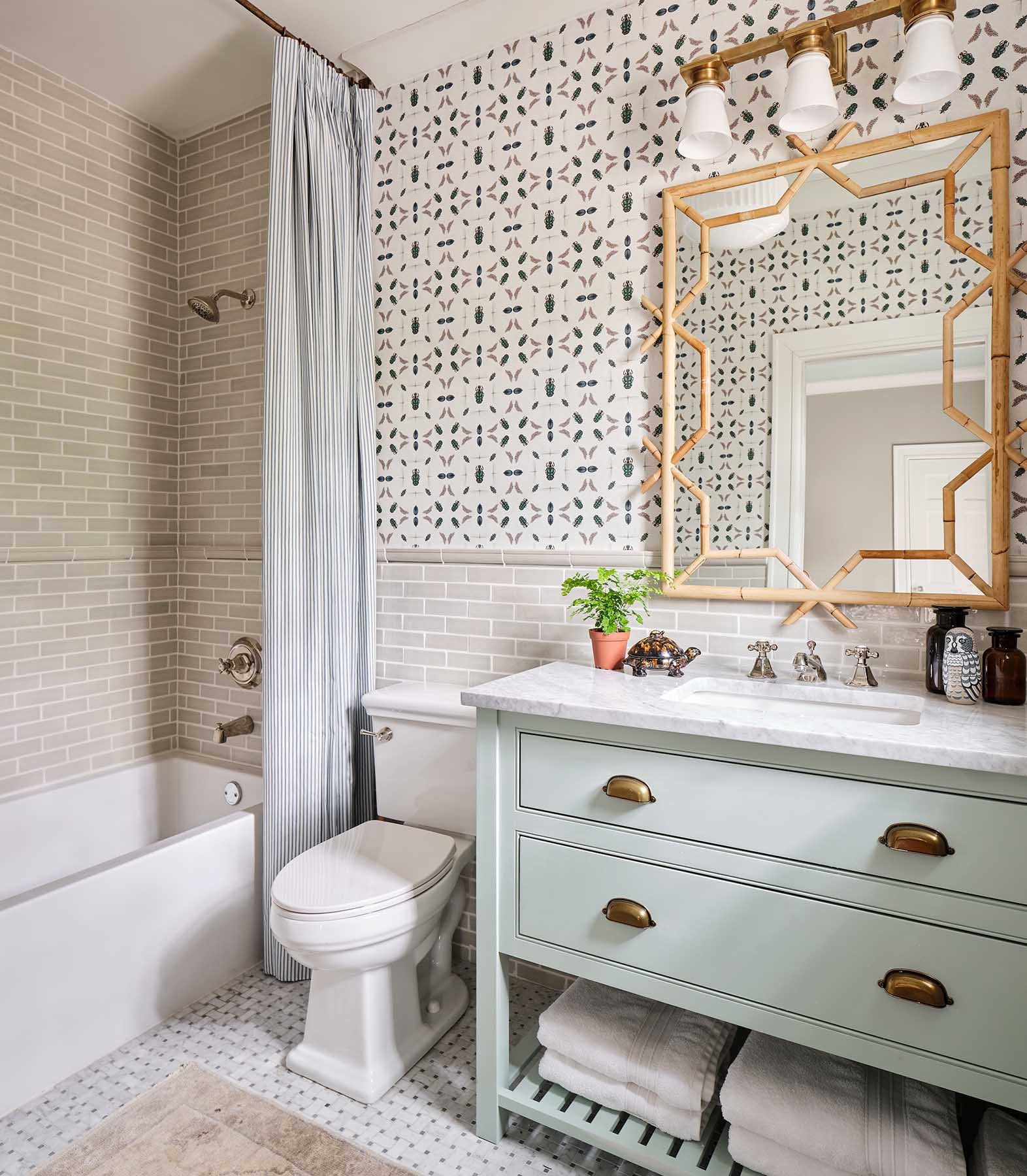 Fall bathroom decor idea featuring a transtional space with tiles in different patterns