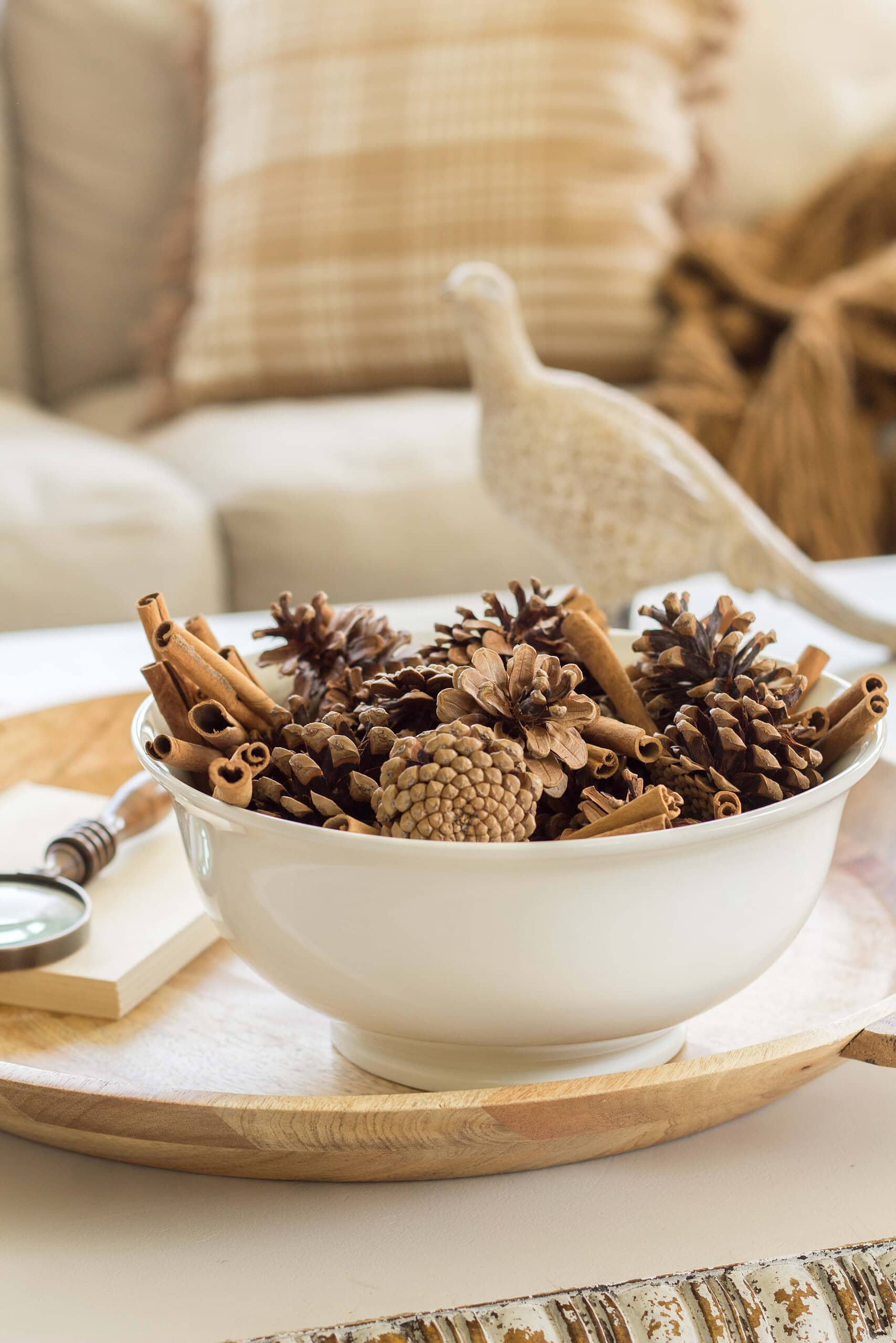 Fall decor idea featuring white ceramic display with pinecones using dollar store items