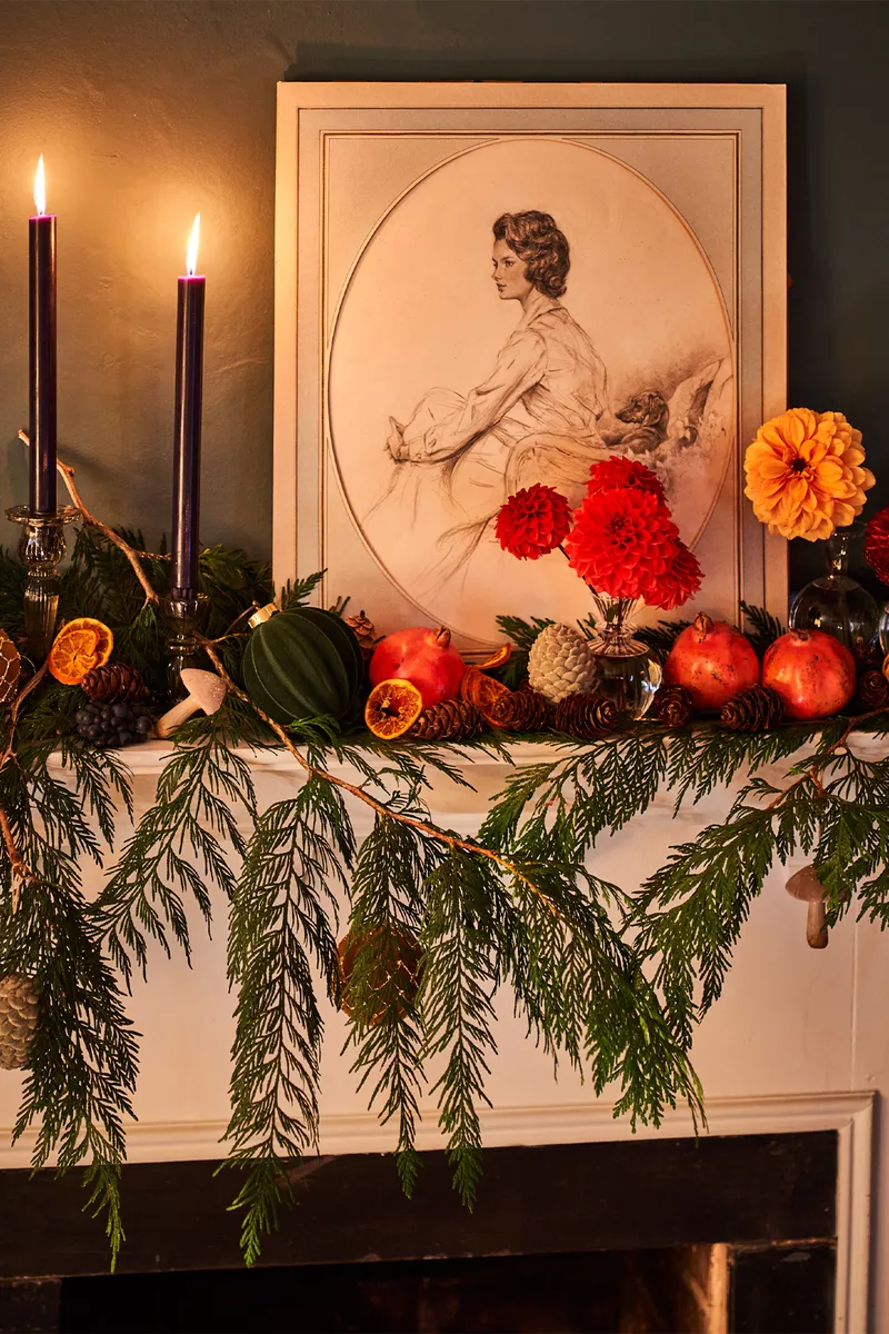 Fall mantel ideas for living room decor featuring a moody festive mantel