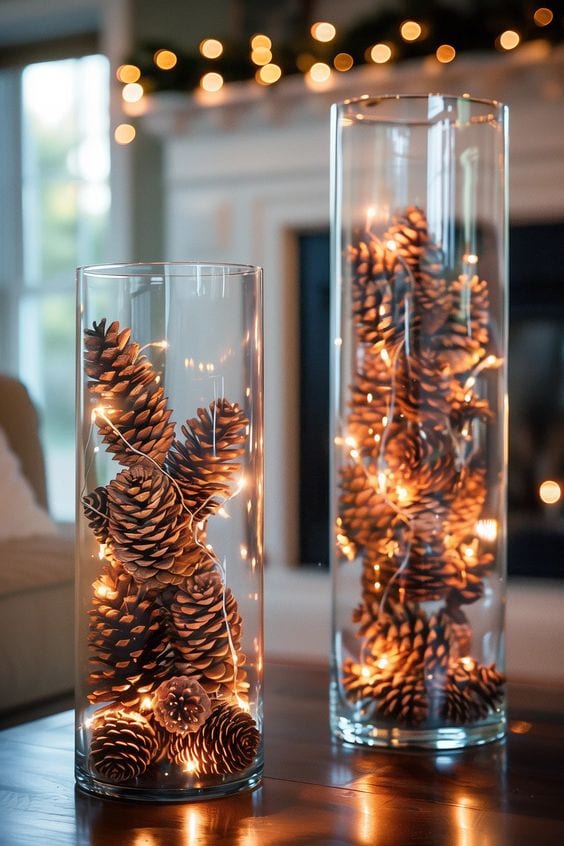 Fall decor idea featuring pinecone and yarn pinecones inspired by the dollar store