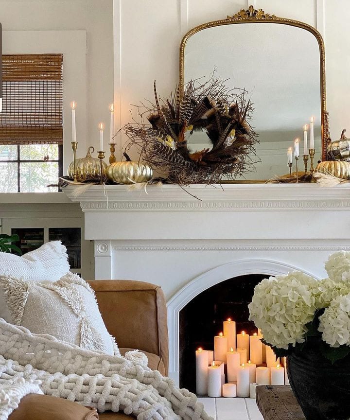 Fall mantel ideas for living room decor featuring a classic mantel