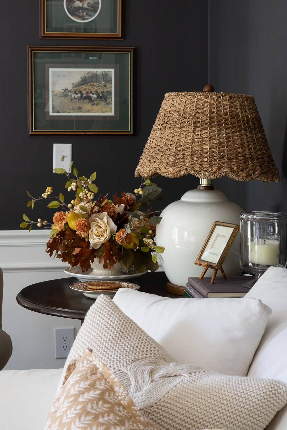 Fall decor for living room idea featuring neutral armchair in traditional modern living room