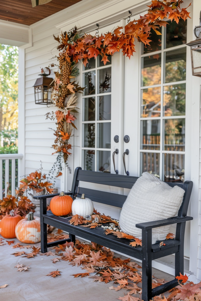 Example of fall porch decorations featuring front porch with a bench