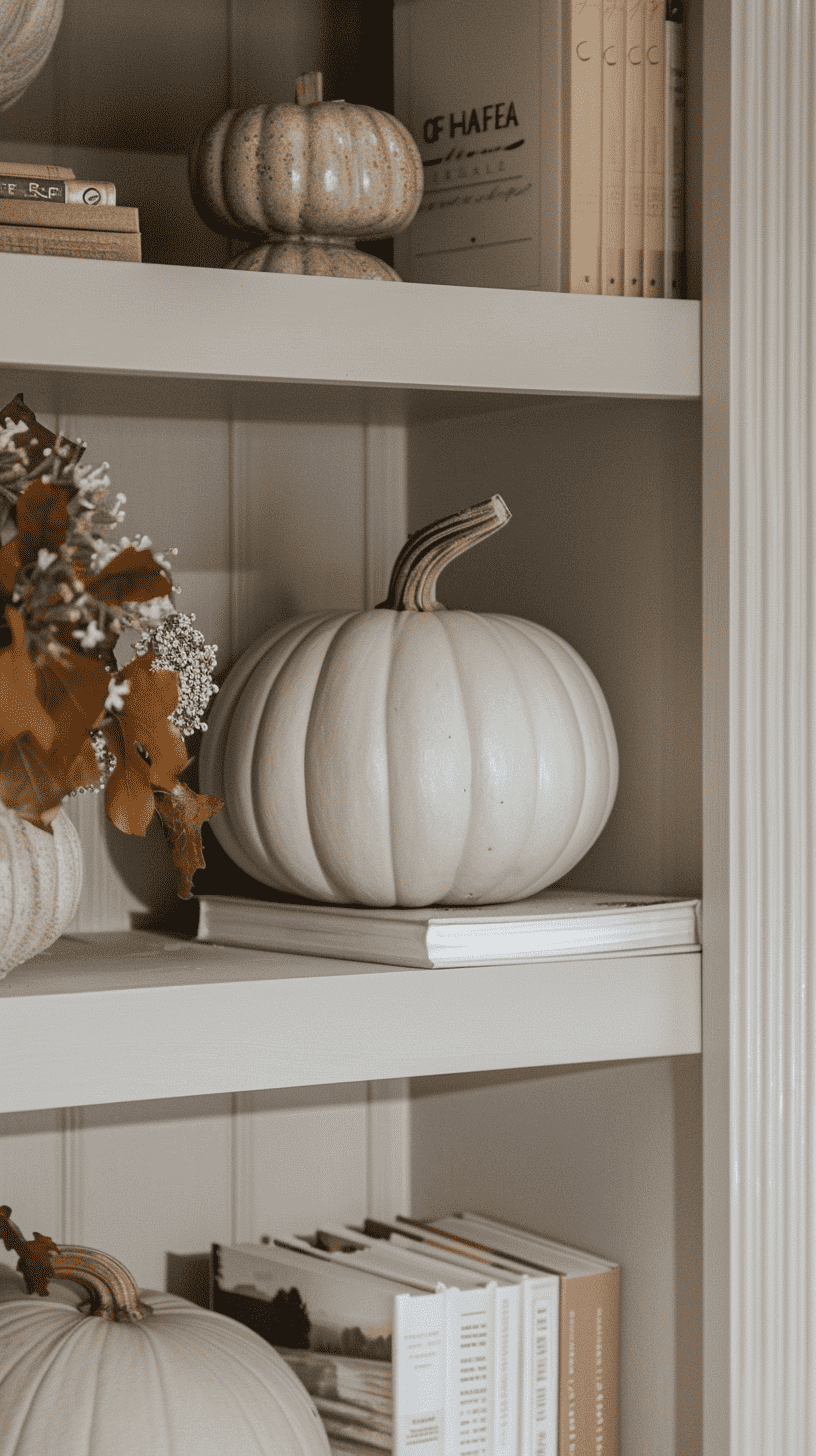 Example of minimalist fall decor ideas featuring a modern neutral pumpkins arrangement