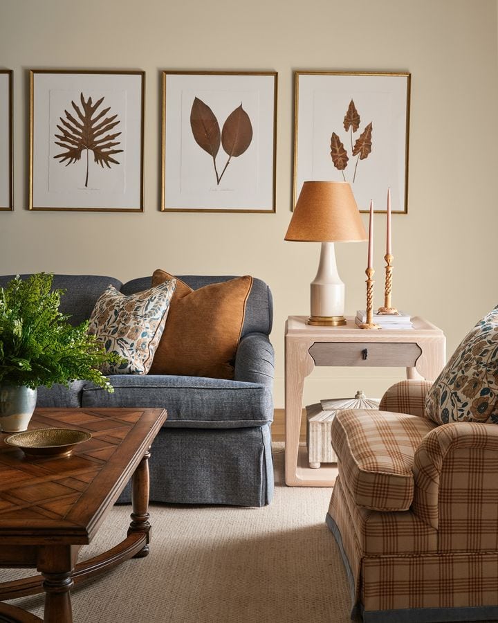 Fall decor for living room idea featuring botanical art above sofa in traditional modern living room