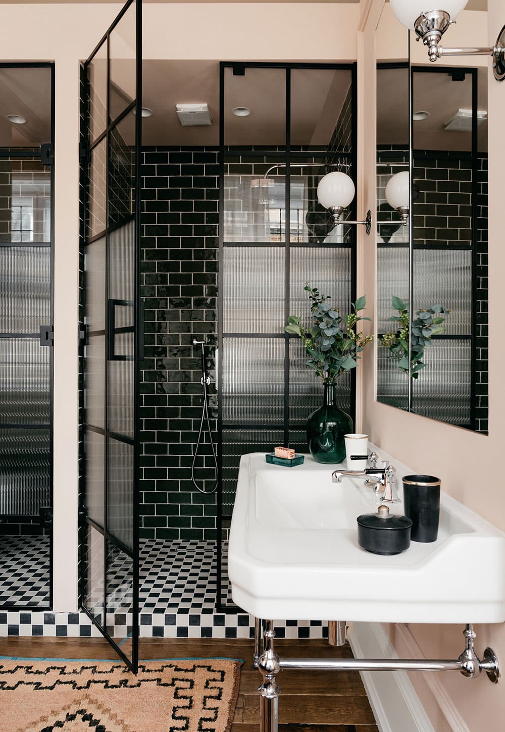Fall bathroom decor idea featuring pale pink and dark green color combo