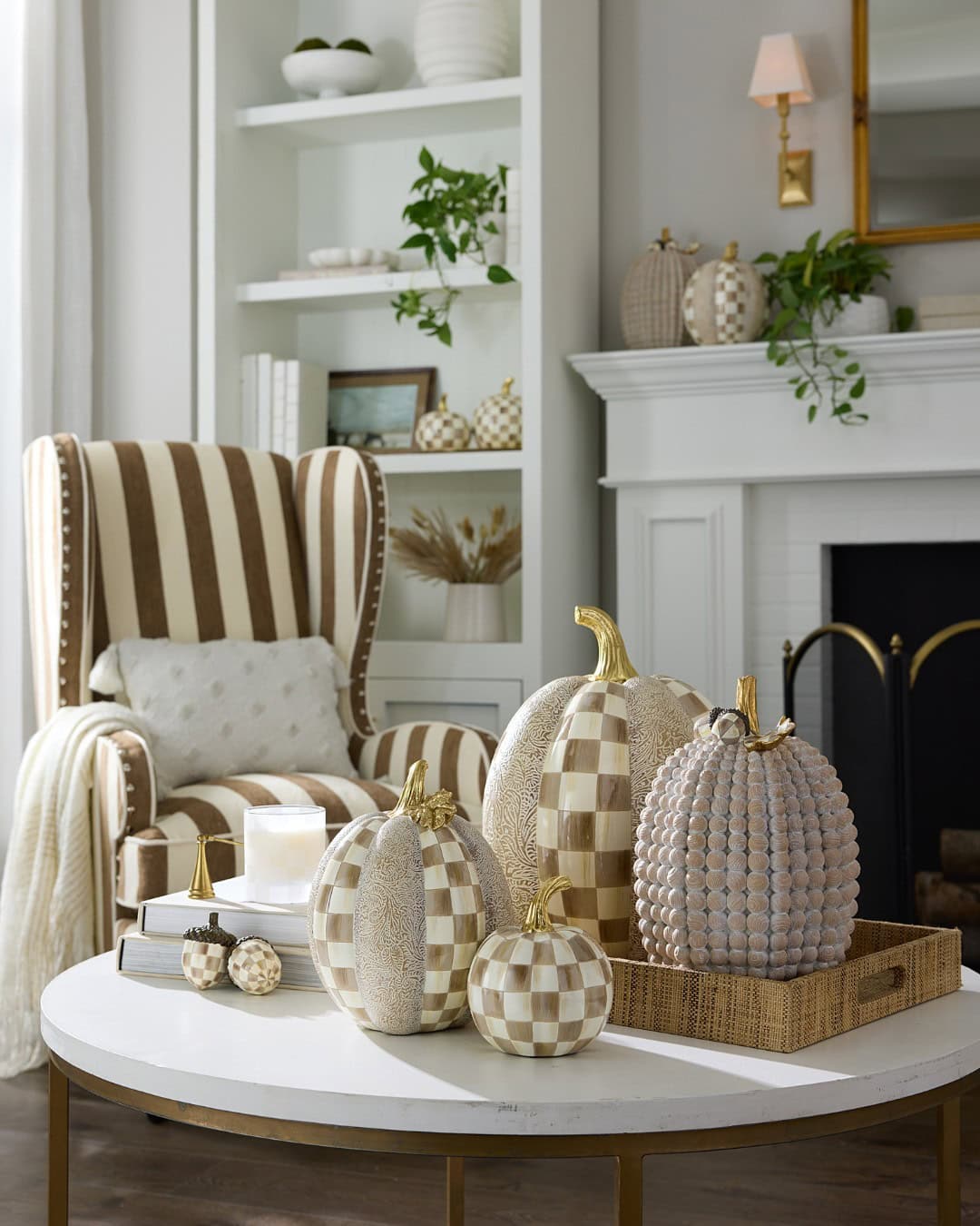 Fall mantel ideas for living room decor featuring a traditional trendy fireplace mantel