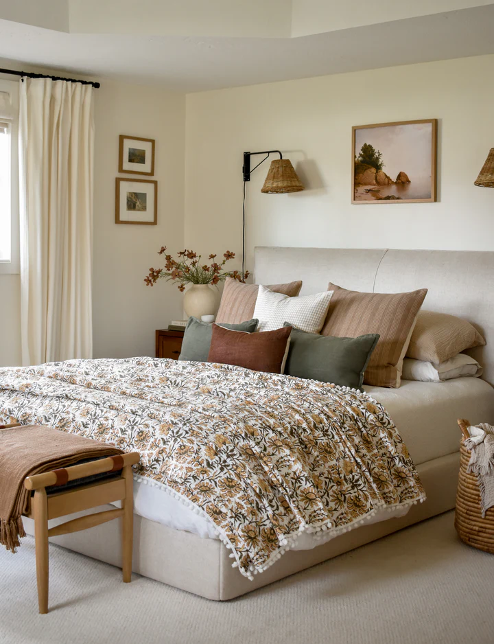 Example of minimalist fall decor ideas featuring a bedroom in a traditional modern style