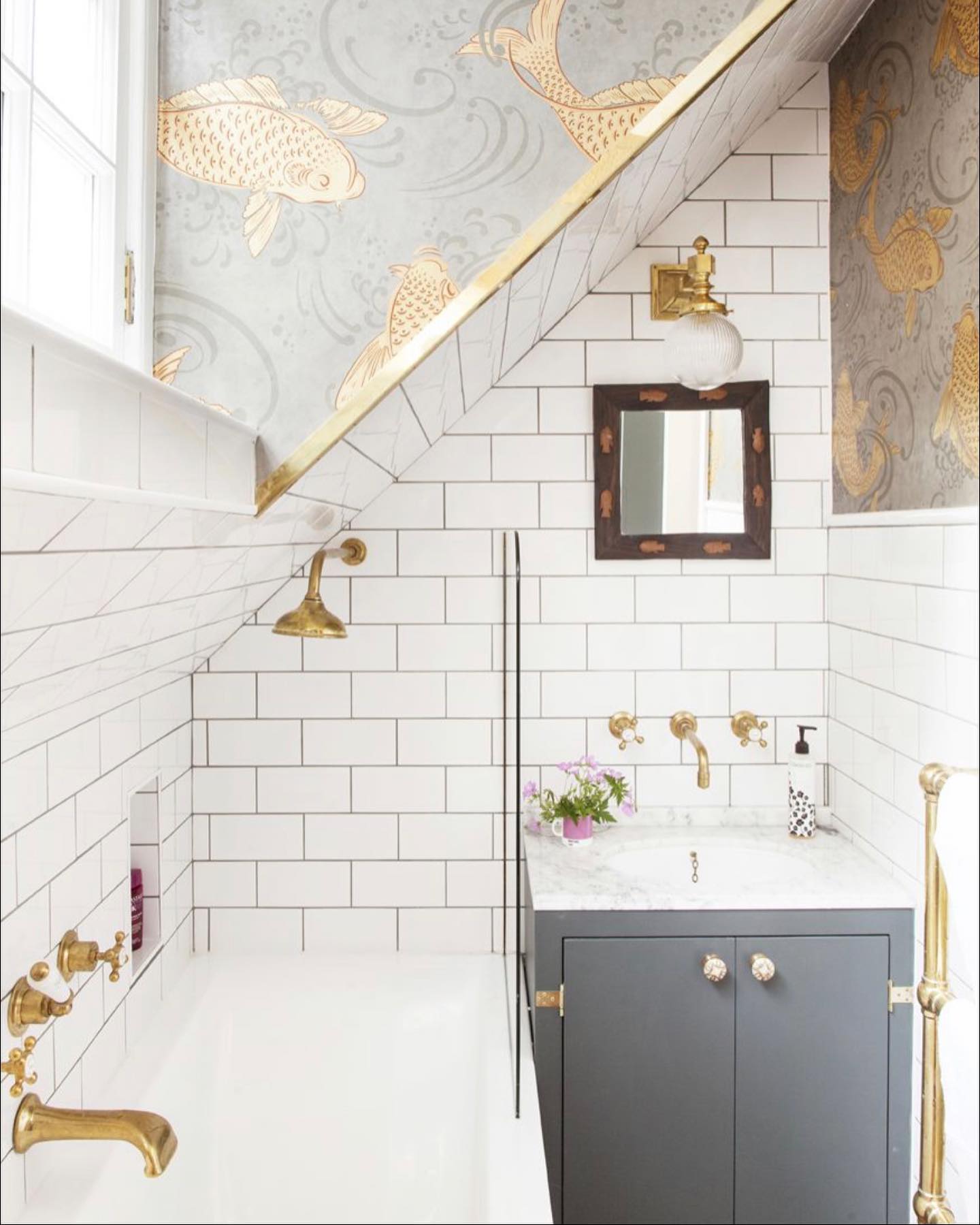 Fall bathroom decor idea featuring wallpaper with golden detailing
