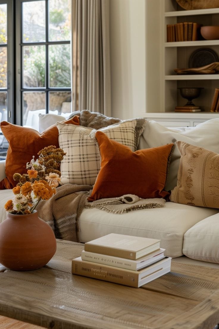 Example of minimalist fall decor ideas living room with pillows and throw blankets in warm color palette