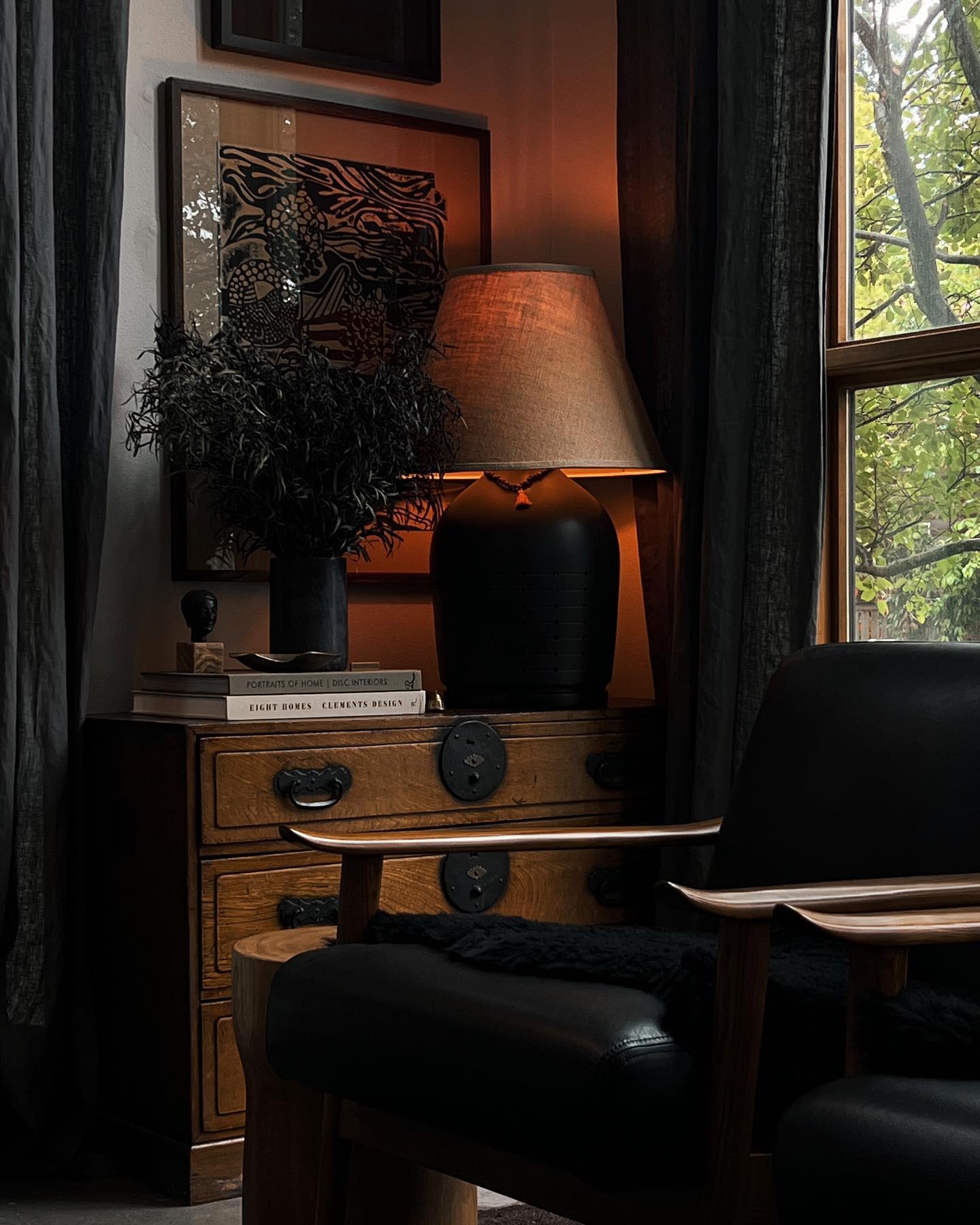 Fall decor for living room idea featuring moody dark living room