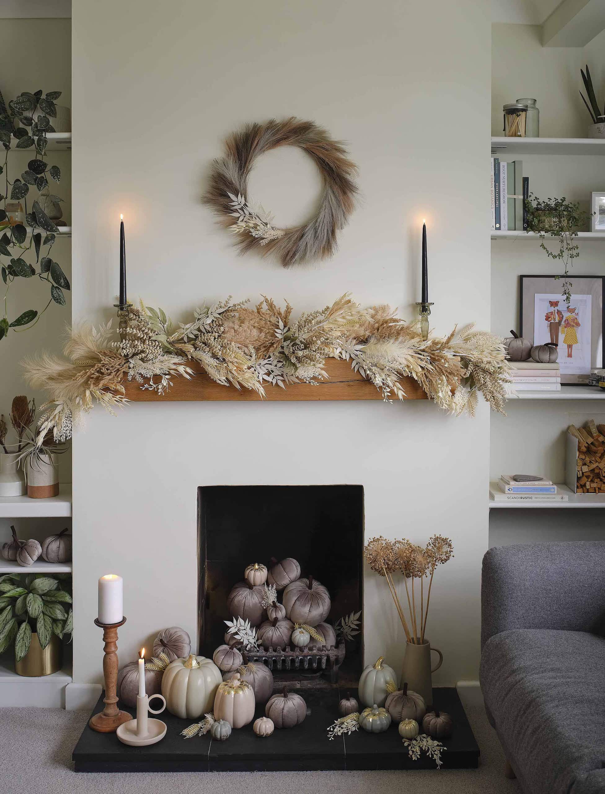 Fall mantel ideas for living room decor featuring a traditional fireplace mantel