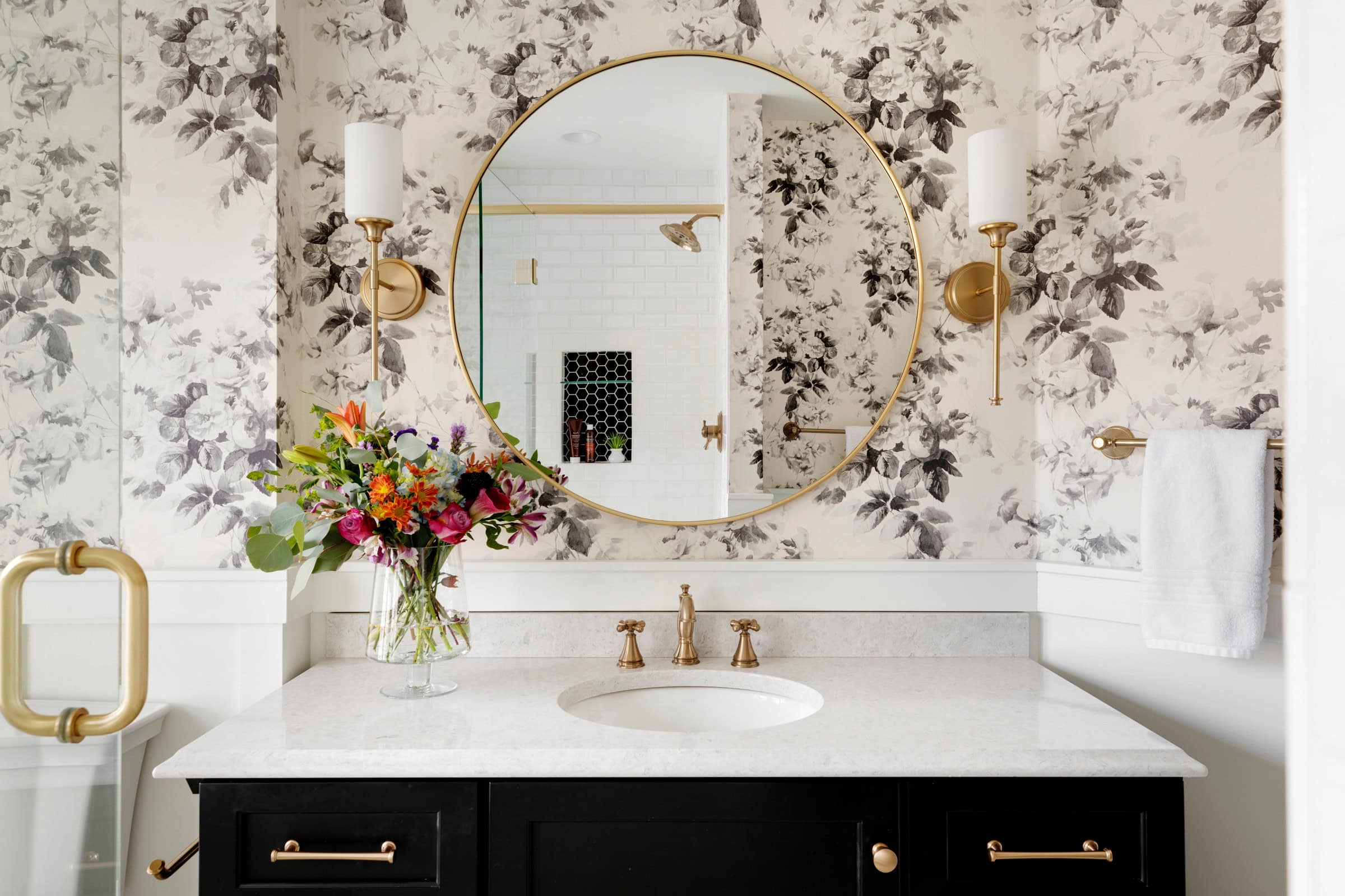 Fall bathroom decor idea featuring floral wallpaper