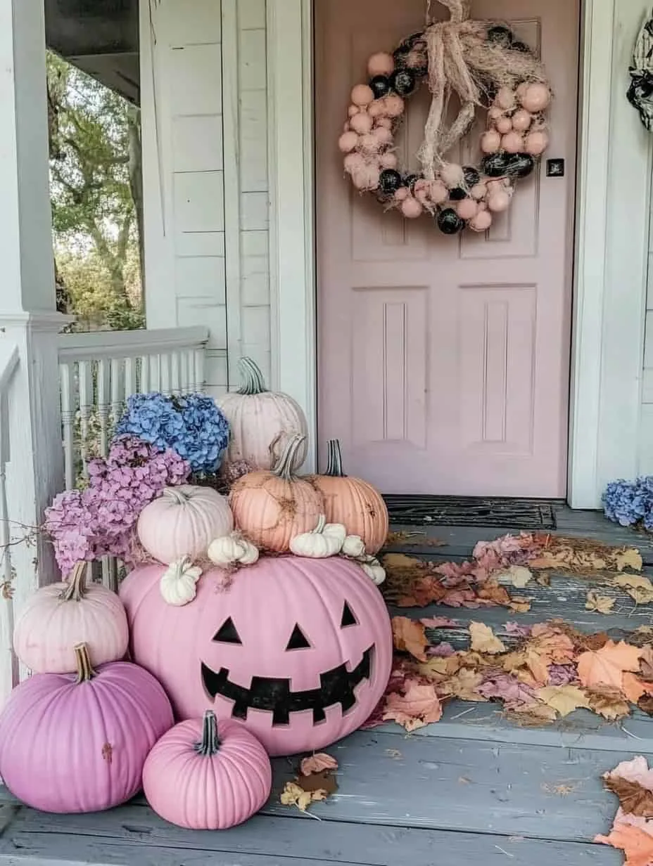 Pink Halloween decorations example featuring an entryway with pink and orange with pink front door
