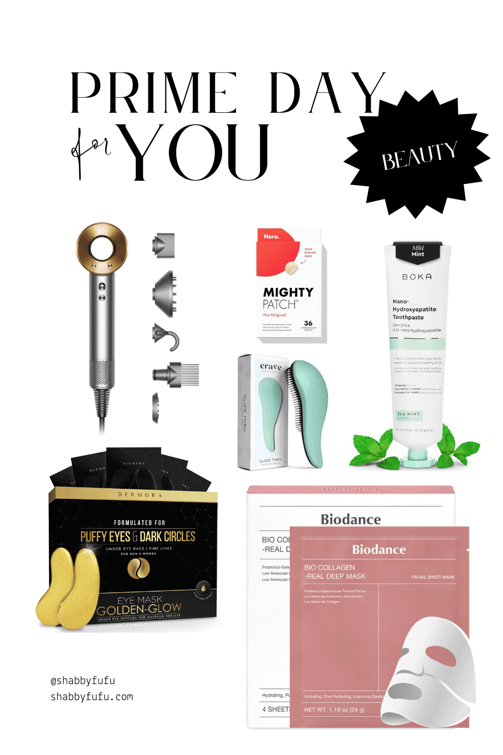 Amazon Prime Day Every Day Beauty Finds. Dyson Blow Dryer, Face mask, eye mask, toothpaste, hair brush, pimple patch