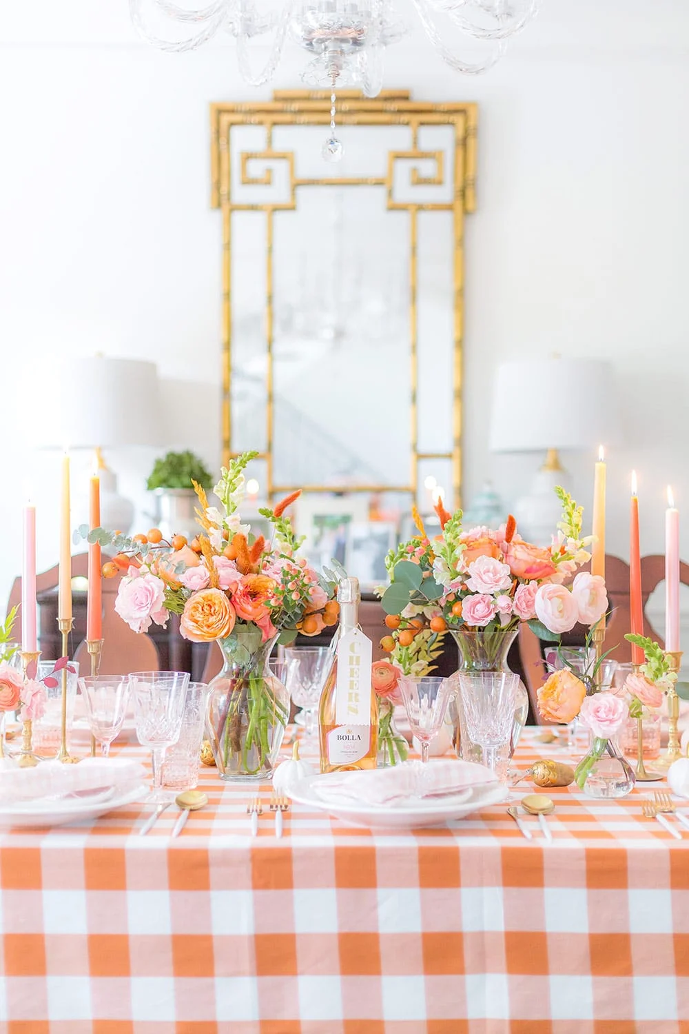 Example of romantic pink and orange trendy Thanksgiving Tablescape Ideas to Wow Your Guests