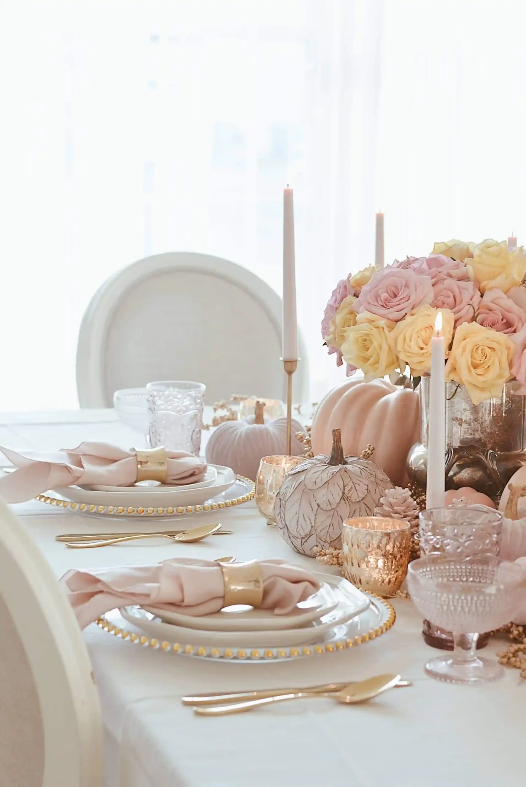 Example of romantic pink Thanksgiving Tablescape Ideas to Wow Your Guests