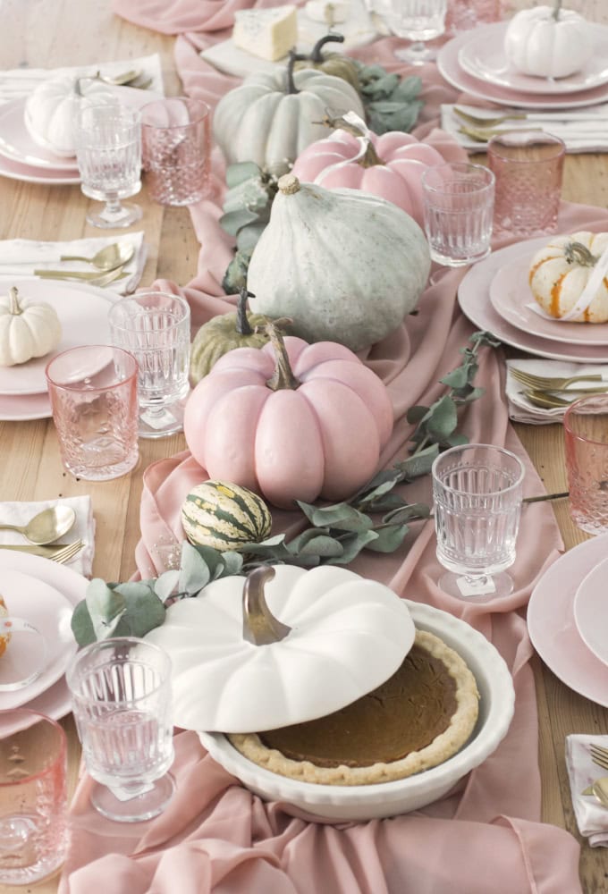Example of romantic pink and sage green Thanksgiving Tablescape Ideas to Wow Your Guests