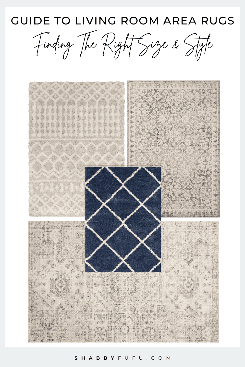 Pinterest collage featuring rugs for the living room, titled "Guide to Living Room Area Rugs:Finding The Right Size & Style"